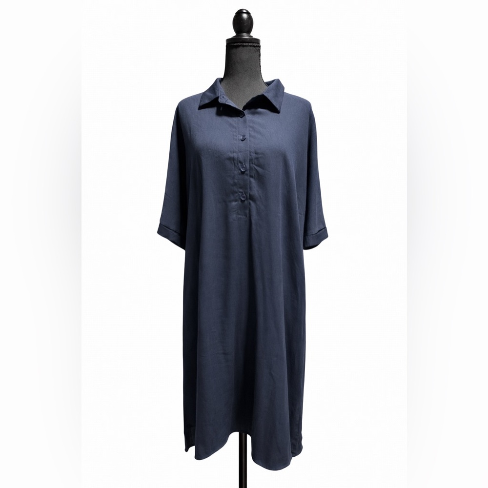 Womens Navy Blue Midi Dress 2XL Collared Button Front Short Sleeve Plus Size